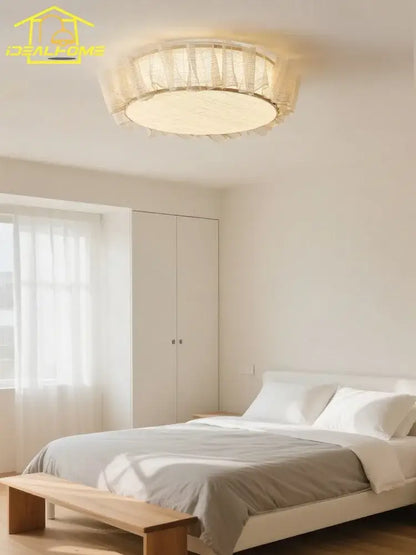 French ruffled beige cream wind led ceiling light with woven fabric shade and soft glow for bedroom decorbites cream wind
