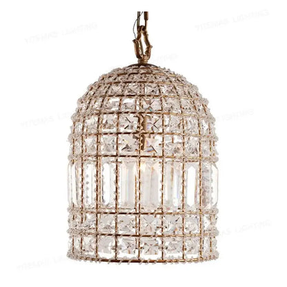 Antique brass cage-style pendant light with clear crystal prisms for living room decor featuring decorbites bronze finish