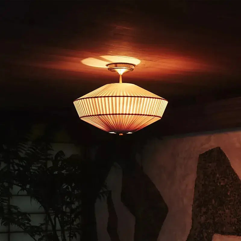 Warm-toned pleated paper ceiling lamp with brass frame french style fabric decorbites french style light fixture