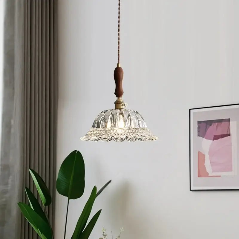 French style fluted clear glass led pendant light with scalloped design and dark wood handle for dining room decorbites pendant light