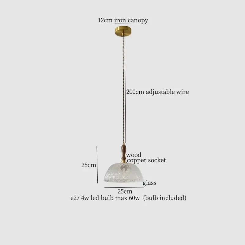 French style fluted clear glass led pendant light with frosted glass, wooden copper socket, and brass iron canopy