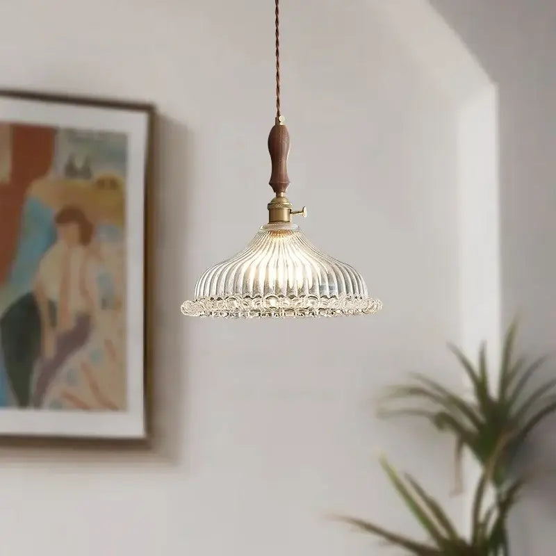 French style fluted clear glass led pendant light with ribbed glass, wooden handle, and brass accents for dining room decorbites clear glass