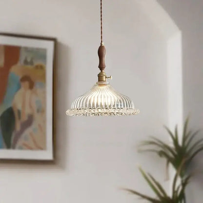 French style fluted clear glass led pendant light with ribbed glass, wooden handle, and brass accents for dining room decorbites clear glass