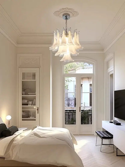 Elegant white decorbites french style glass chandelier with petal design cascading light for living room decor