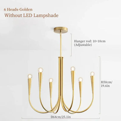 French style gold and black pendant light chandelier with six curved arms and exposed bulb fixtures for dining room