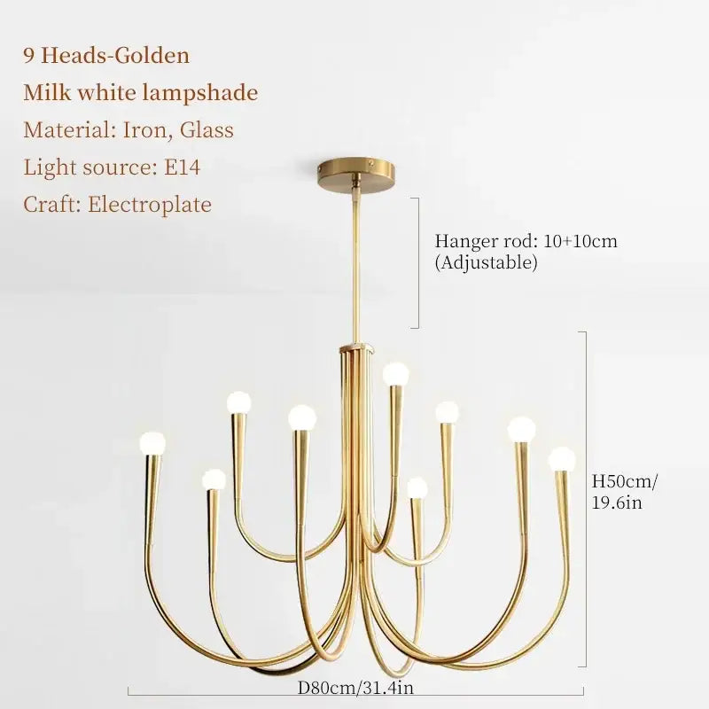 Golden electroplated French style pendant light chandelier with nine curved arms and milk white glass lampshades for dining room