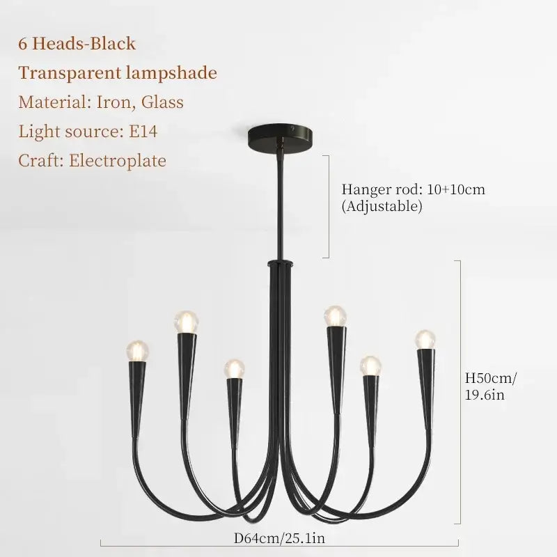 Black iron pendant light chandelier with six curved arms gold accents clear glass lampshades for dining room