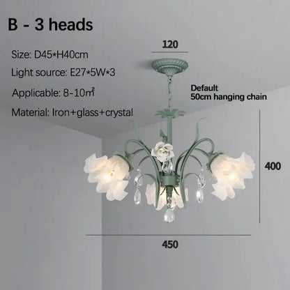 Green iron decorbites crystal flower chandelier with three white floral glass shades and dangling crystal droplets for living room decor
