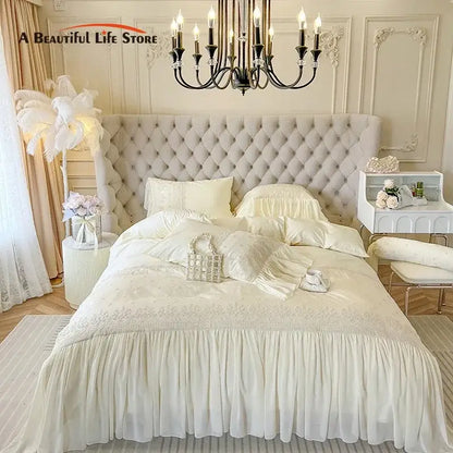 Cream-colored tufted bed with decorbites french vintage beige lace ruffles bedding set and embroidered pillows for bedroom decor