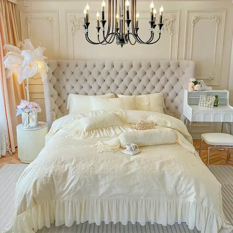 Cream-colored bedding set with lace ruffles and tufted headboard decorbites french vintage beige bedroom decor