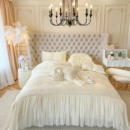 Cream-colored tufted bedhead with diamond-stitched pattern complements decorbites french vintage beige lace ruffles bedding set