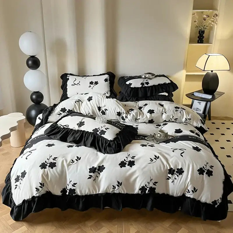 Black and white floral french vintage duvet cover set with cream ruffled edges for elegant bedroom bedding