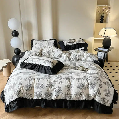 French vintage black and cream floral duvet cover set with ruffled edges for bedroom bedding