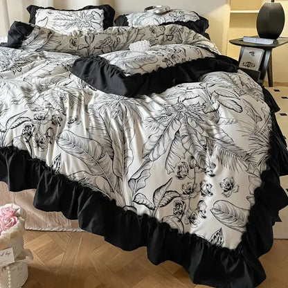 Black and white botanical french vintage duvet cover set with ruffled edges for stylish bedroom bedding