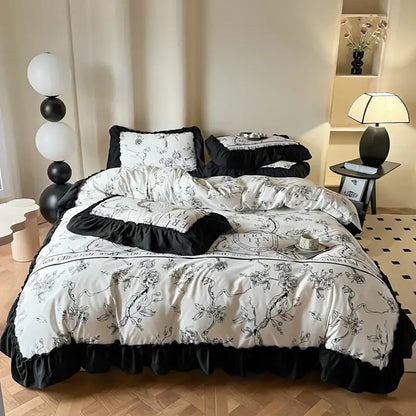 Black and white floral patterned french vintage duvet cover set with ruffled edges for bedroom bedding