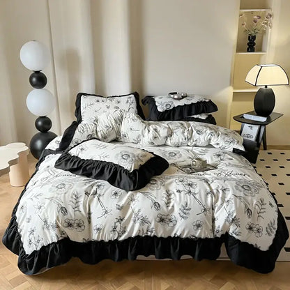 Black and white floral french vintage duvet cover set with ruffled edges for elegant bedroom bedding