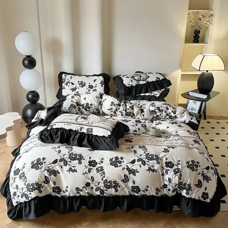 Black and white floral patterned french vintage duvet cover set with cream ruffled edges for bedroom bedding
