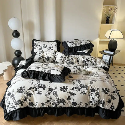 Black and white floral patterned french vintage duvet cover set with cream ruffled edges for bedroom bedding