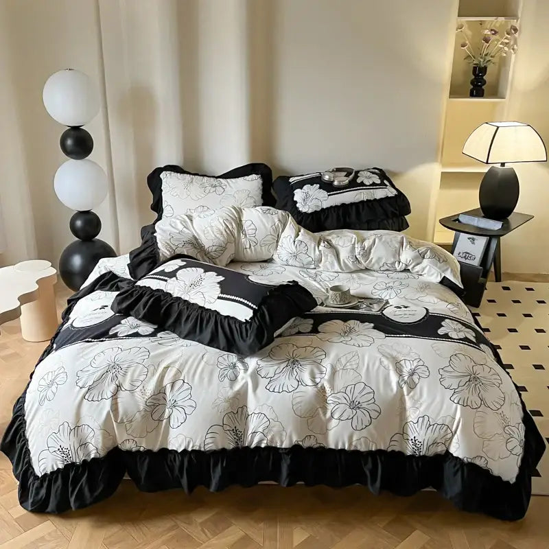 French vintage duvet cover set featuring black and cream floral pattern with ruffled edges for bedroom bedding