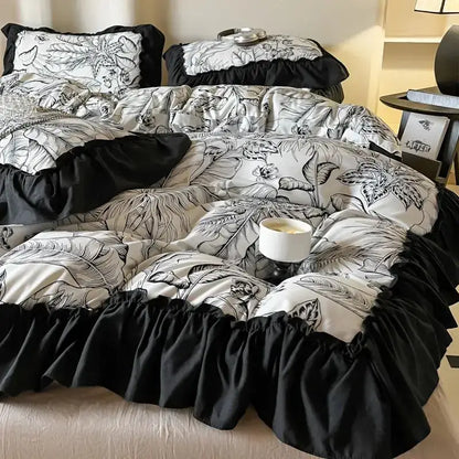 French vintage black and cream ruffles duvet cover set featuring black and white botanical print satin fabric