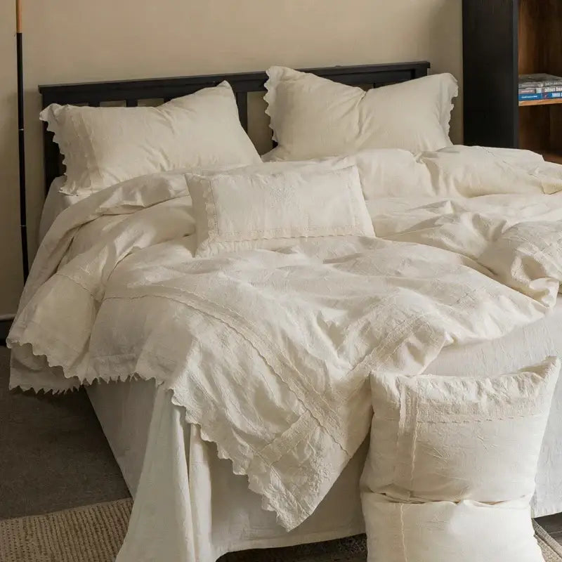 Cream cotton linen bedding set with delicate ruffled edges and subtle embroidery by decorbites cotton linen bedding