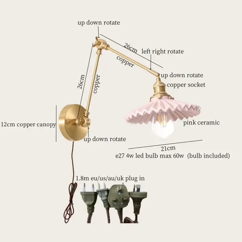 Adjustable copper wall sconce with pink ceramic shade for decorbites cream resin led wall lights in bedroom brass design