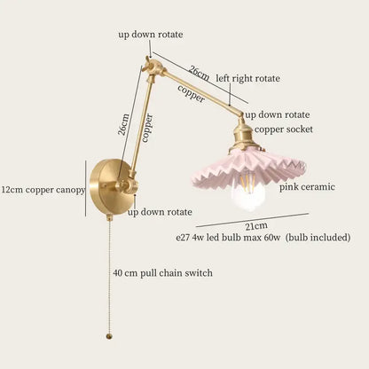 French vintage cream resin led wall lights featuring a delicate pink ceramic lampshade on an adjustable copper arm