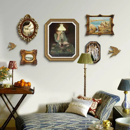 Ornate gold-framed french vintage cupid portrait of a woman holding an oil lamp for living room decorbites french vintage decor