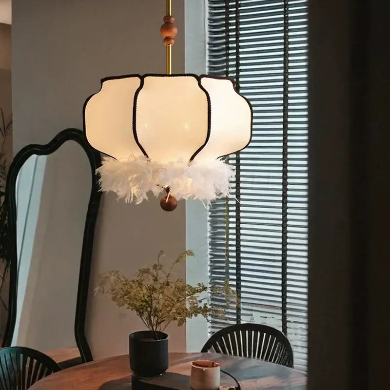 A french vintage fabric chandelier cream feather light with black trim and brass rod for dining room decorbites french vintage