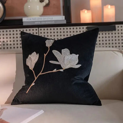 Black velvet pillow with delicate silver thread vintage magnolia embroidered design for decorbites french vintage decor