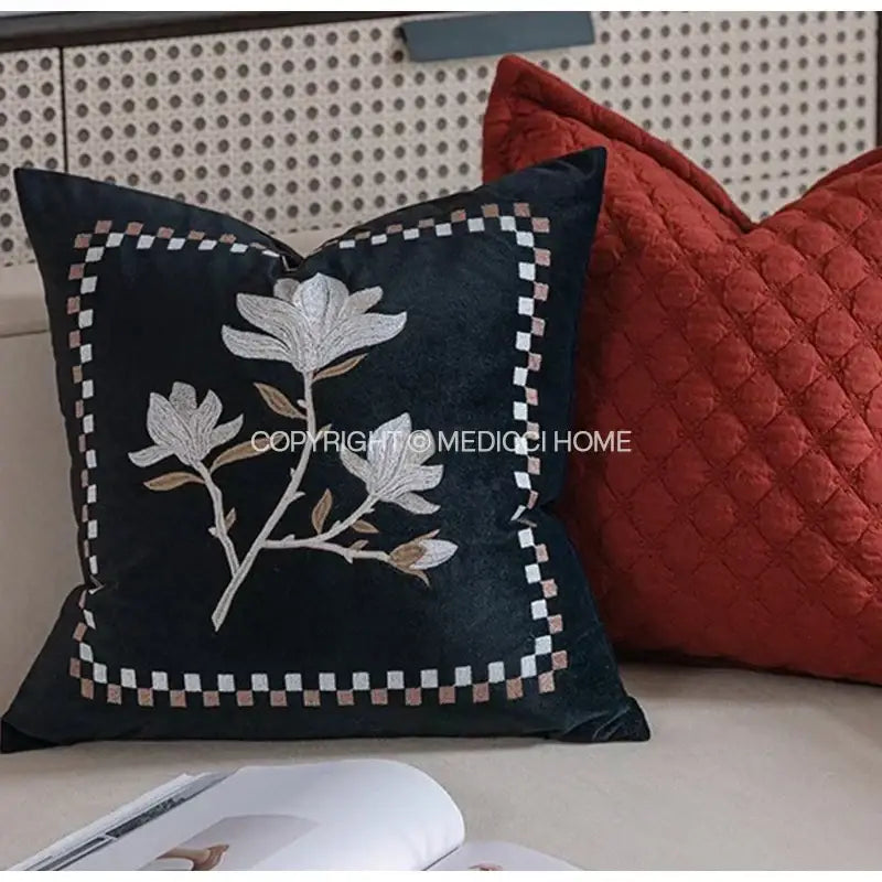 Black velvet pillow with silver and beige vintage magnolia embroidered and checkered border by decorbites french vintage
