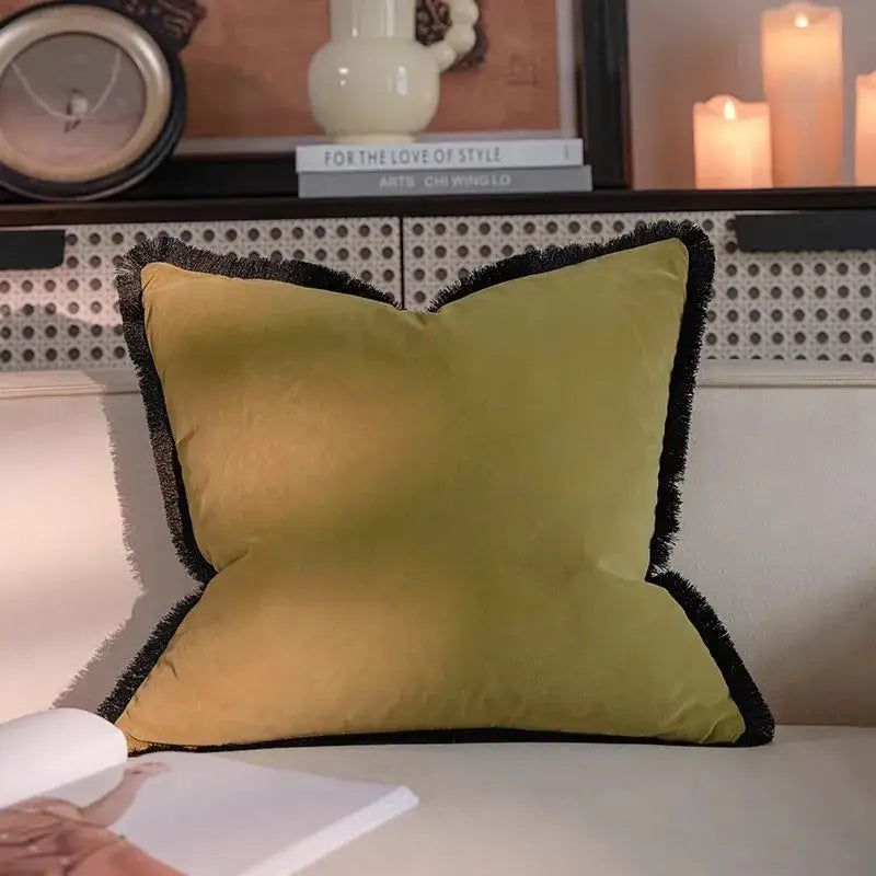 Olive green velvet throw pillow with black fringe trim featuring vintage magnolia embroidered for decorbites french vintage decor