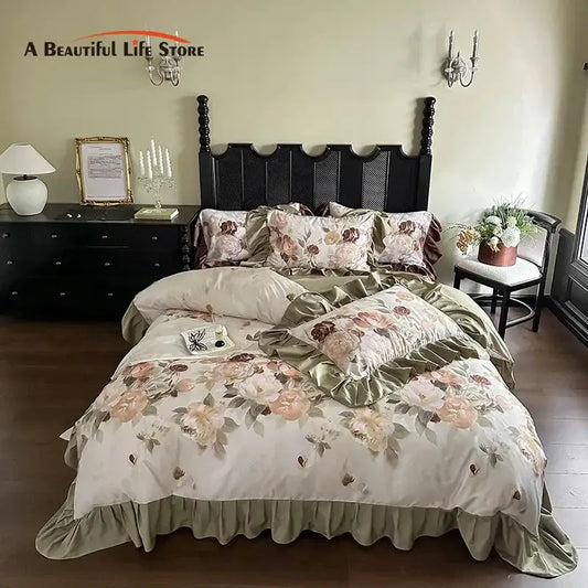 Beige and olive green floral bedding set with ruffled edges from decorbites french vintage collection