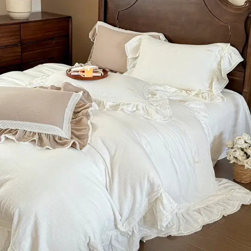 White ruffled french vintage bedding set with double layer crinkle yarn and beige accent pillows with lace trim
