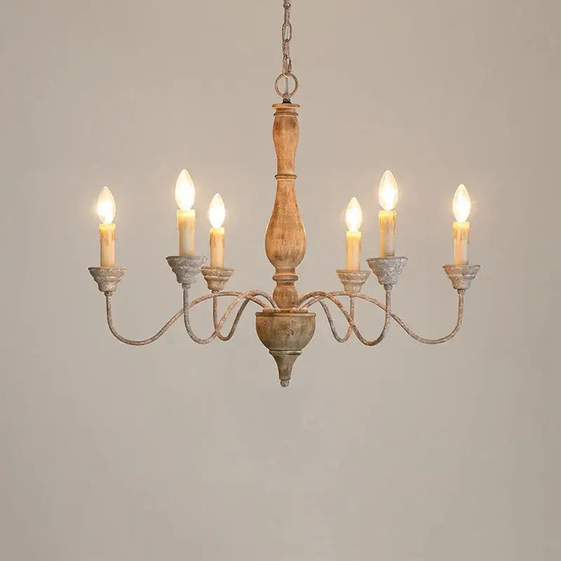 Rustic french vintage wooden chandelier with six candle-style bulbs and distressed finish for dining room decorbites french vintage