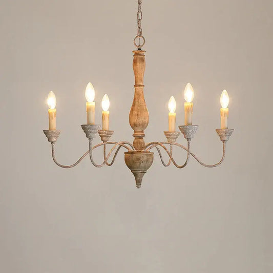 Rustic french vintage wooden chandelier with six candle-style bulbs and distressed finish for dining room decorbites french vintage