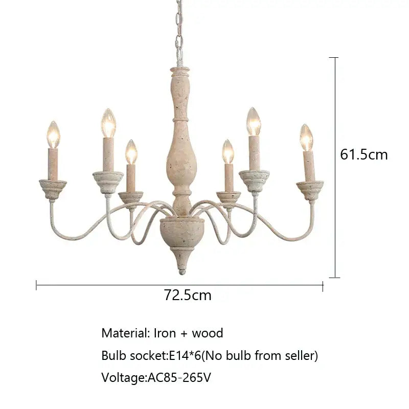 Antique french vintage wooden chandelier with distressed white iron and wood finish featuring six candle-shaped bulbs for dining room decorbites french vintage