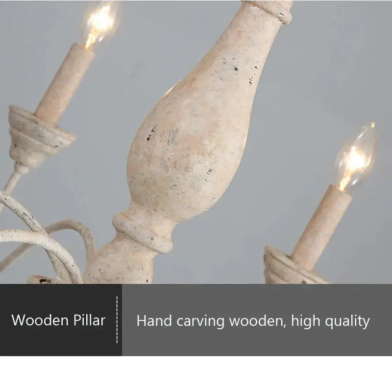 Hand-carved white wooden pillar with distressed rustic finish and elegant curves for decorbites french vintage chandelier