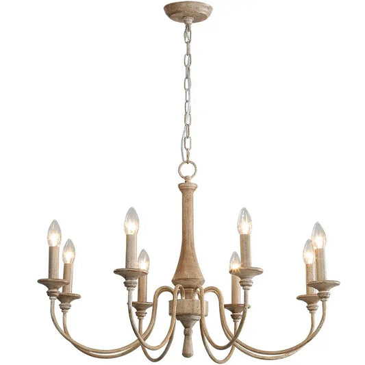 A decorbites french vintage wooden chandelier in off white with six candle-style lights and metal chain suspension