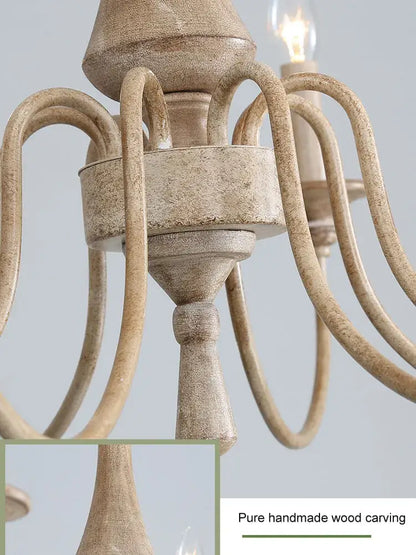 Distressed off-white french vintage wooden chandelier with hand-carved details and curved arms for dining room decorbites french vintage