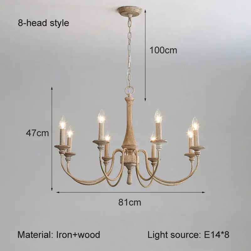 A rustic 8-head french vintage wooden chandelier with distressed beige iron and wood for dining room decorbites french vintage