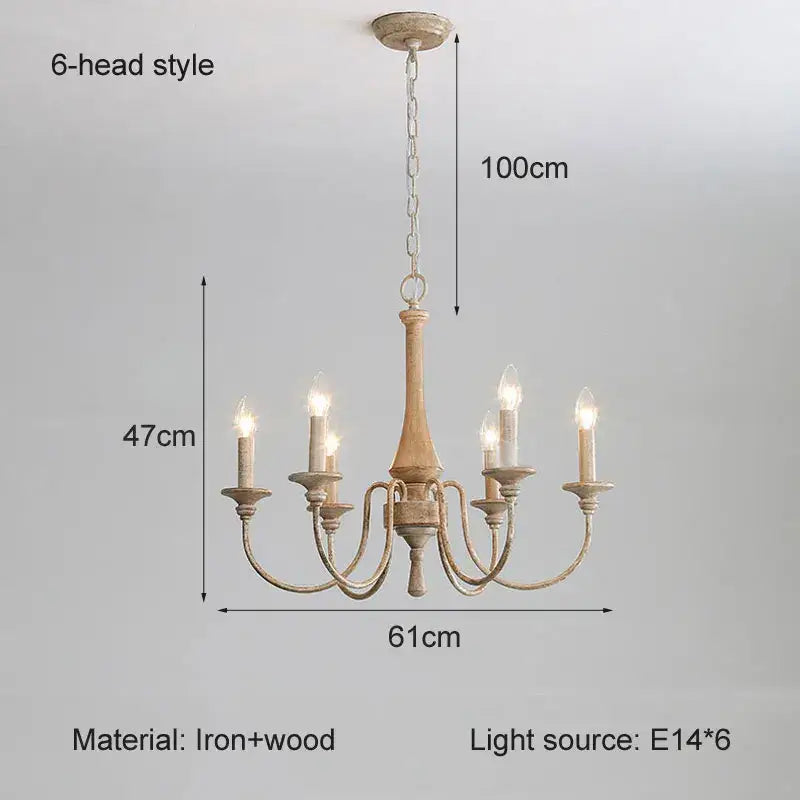 A rustic decorbites french vintage wooden chandelier in off-white iron and wood for dining room pendant lighting