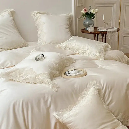 Cream-colored satin bedding set with white lace trim showcasing decorbites french wedding chic lace duvet cover design