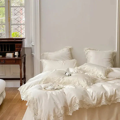 White satin bedding set with delicate lace trim in decorbites french wedding chic cream and white bedroom decor