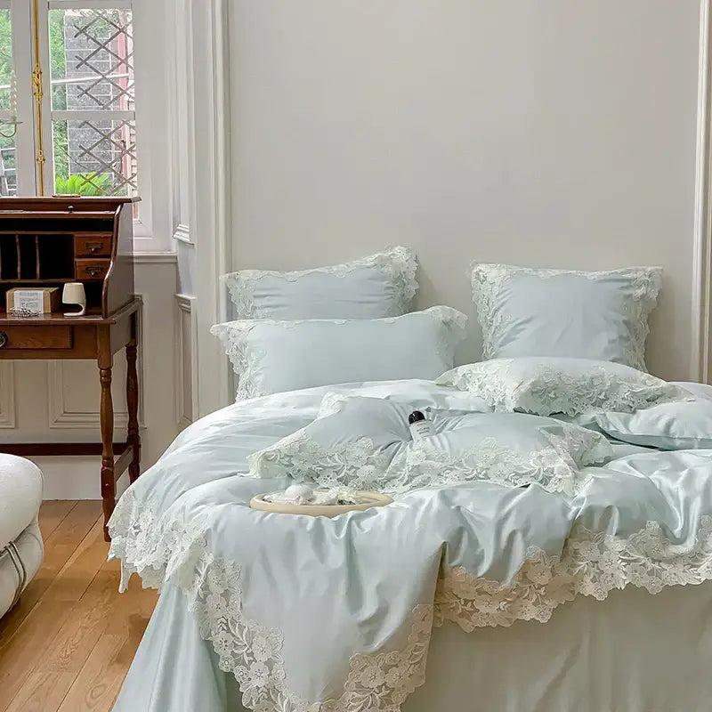 Light blue satin bedding set with delicate white lace trim for decorbites french wedding chic bedroom decor