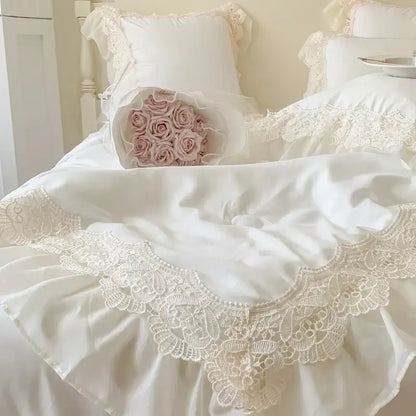 White satin duvet cover with intricate lace trim and ruffled edges in decorbites french wedding lace bedding set