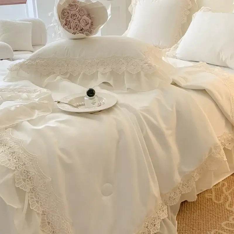 White lace-trimmed satin duvet cover bedding set with ruffled edges and button detailing decorbites french wedding lace