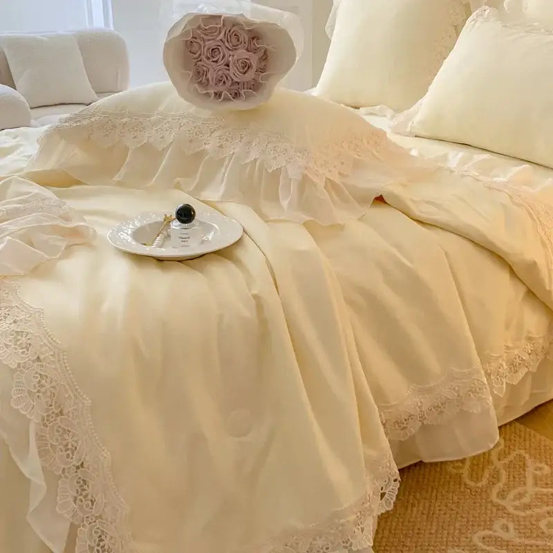Cream-colored satin bedding set with delicate lace trim and ruffled edges decorbites french wedding lace design