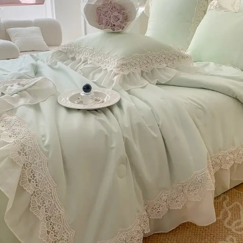 Mint green bedding set with french wedding lace ruffles decorbites featuring delicate floral embroidery and lace trim