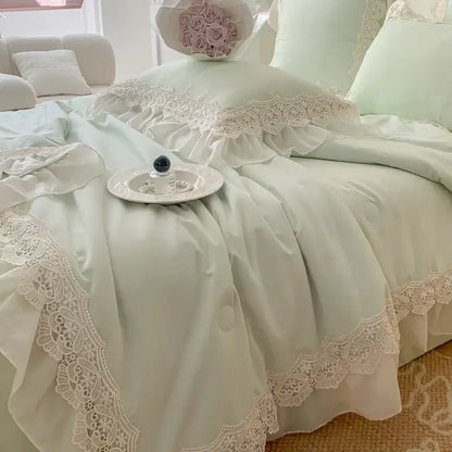 Mint green bedding set with french wedding lace ruffles decorbites featuring delicate floral embroidery and lace trim